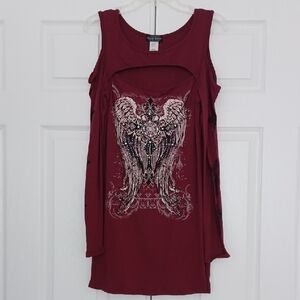 Bling Burgundy Wine Angel Wing Cross Rhinestone Open Shoulder Long Sleeve Top